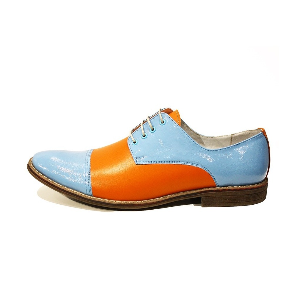 Pre-owned Peppeshoes Modello Alberto - Handmade Italian Blue Oxfords Dress Shoes - Cowhide Patent Lea